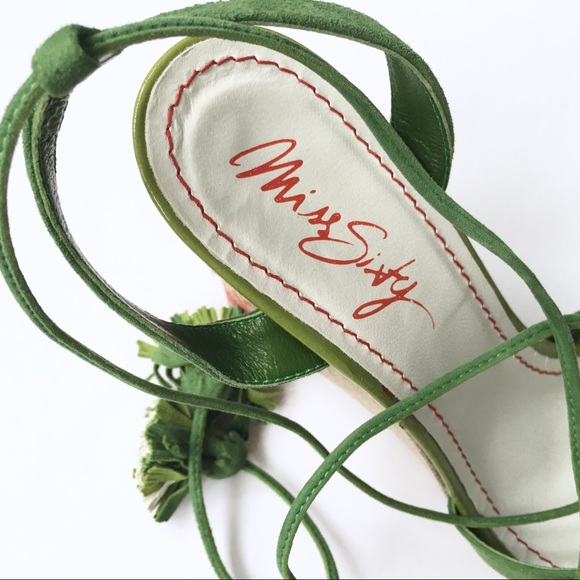 EUC Miss Sixty Green Ankle Tie Wedge Sandals - Picture 3 of 8